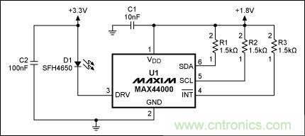 圖2:MAX44000典型電路,帶有發(fā)射器旁路