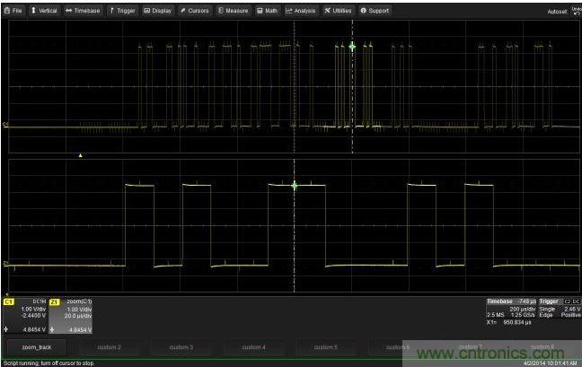 使用CustomDSO運行VB腳本“zoom_Track.lss”。當腳本運行時，縮放波形的中心將跟蹤水平的光標絕對位置。從圖中可以看出，光標將永遠位于縮放波形Z1的中心