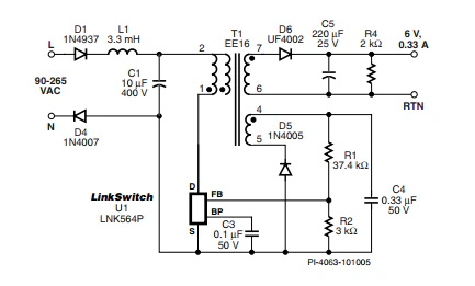 LinkSwitch-LP 系列旨在取代手機/無繩電話、PDA、數碼相機和便攜式音頻播放器等應用中輸出功率 < 2.5 W 的低效線頻線性變壓器電源。LinkSwitch-LP 還可用作白色家電等應用中的輔助電源。  LinkSwitch-LP 將高壓功率 MOSFET 開關與 ON/OFF 控制器集成在一個設備中。它完全由漏極引腳自供電，具有低 EMI 的抖動開關頻率，并且具有全面的故障保護。自動重啟可限制過載和輸出短路條件下的器件和電路耗散，而遲滯過溫保護會在熱故障期間禁用內部 MOSFET。EcoSmart 技術使設計能夠輕松實現 < 150 mW 的空載功耗，滿足能源效率要求。  LinkSwitch-LP 的設計目的是在輸出功率低于 2.5 W 時無需初級側鉗位電路，從而顯著減少組件數量和總系統成本。圖 1 顯示了基于 LinkSwitch-LP 的 2 W 電源，不帶初級側鉗位。LinkSwitch-LP 系列經過優化，當變壓器上的輔助或偏置繞組提供反饋時，可提供近似的 CV/CC 輸出特性。這非常適合取代工頻變壓器的應用，提供兼容的輸出特性，但過載、短路電流和輸入線電壓變化較小。  　  在無鉗位設計中使用 LinkSwitch-LP 的基本電路原理圖。  快速開始  　 LinkSwitch-LP 反激式設計流程圖